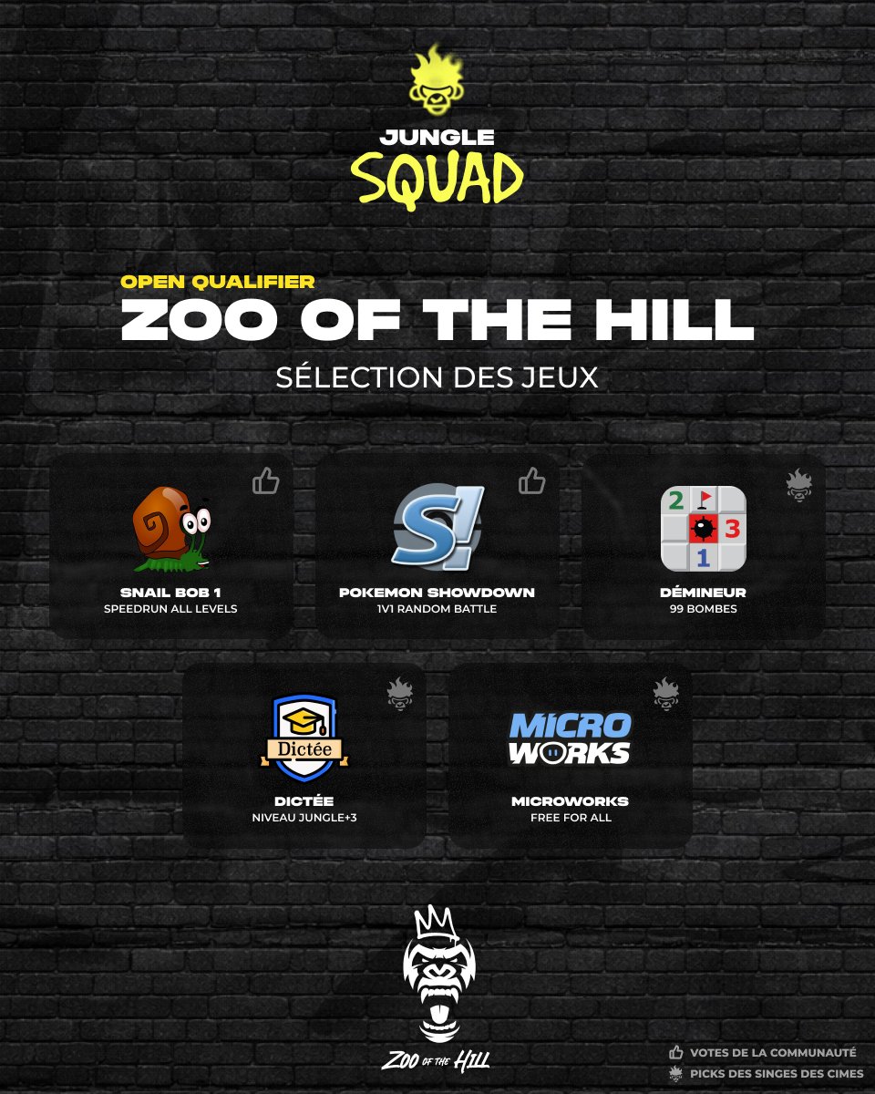 ZOO OF THE HILL REBORN : Il est l'heure 🐒🐒🐒

Voici les 5 jeux sur lesquels les prétendants s'affronteront pour une place en finale 🌴

On vous donne rendez-vous le dimanche 8 octobre à 16h ! #SINJWIN 🐒