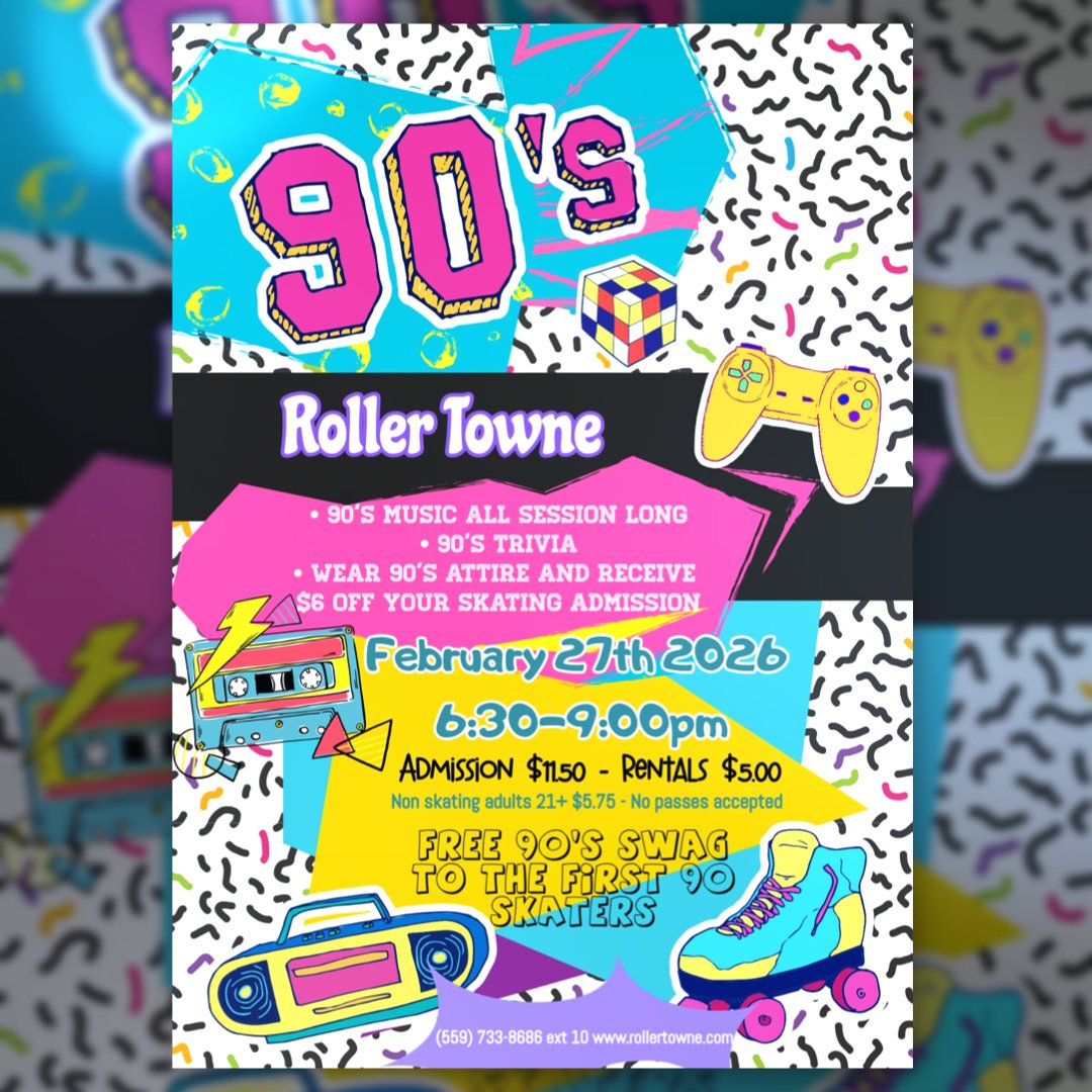 RollerTowne's tweet image. Flash back to the 90s! 🛼
90s music • 90s trivia • 90s outfits = $6 OFF skating admission
#90sVibes #SkateNight #ThrowbackFun #RollerTowne