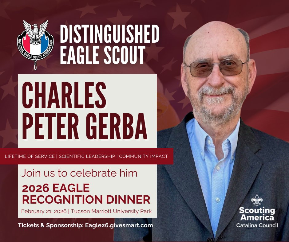 catalinacouncil's tweet image. 🎉 Charles Peter Gerba, Distinguished Eagle Scout!
A lifelong Scout and world-renowned environmental microbiologist, Charles has served his community, country, and the world.
Join us Feb 21 to celebrate at the 2026 Eagle Recognition Dinner! Eagle26.givesmart.com
#DESA #Scouting