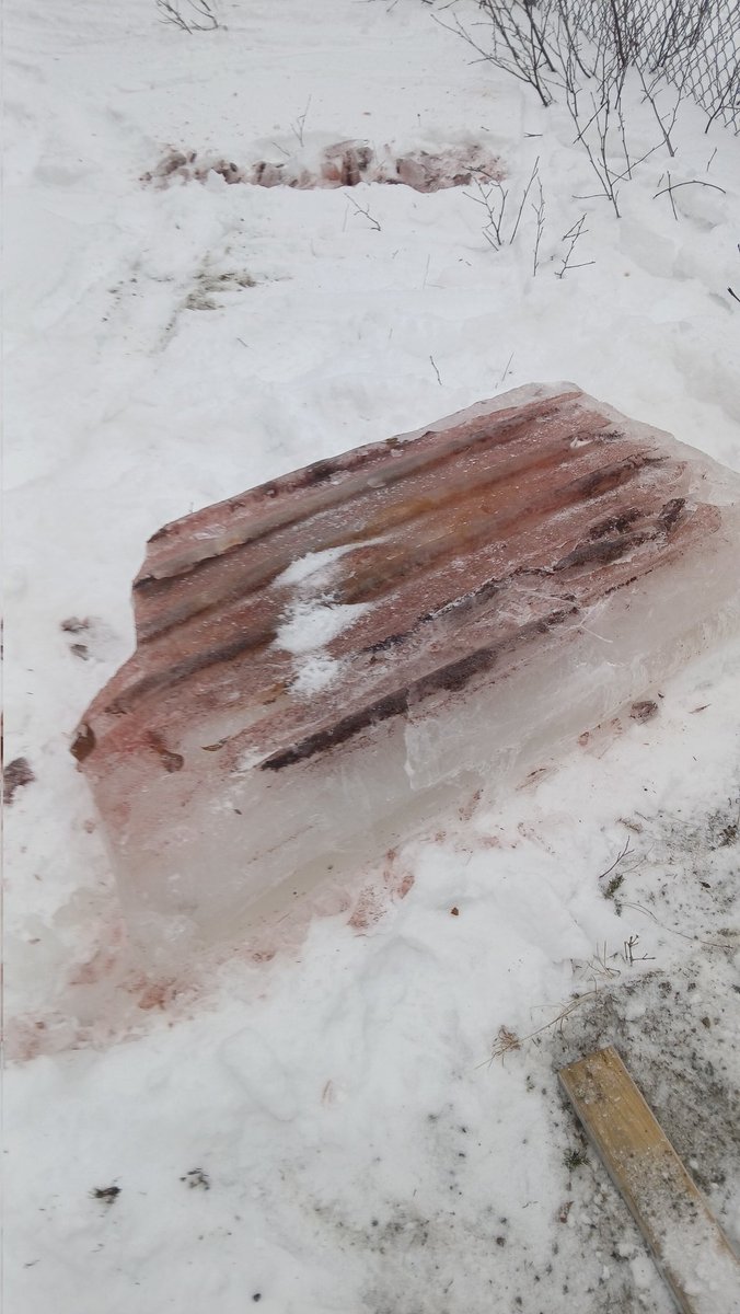 Was trying  to figure out why the sled was so heavy. Well, it has 8 inches of ice. That was a bitch to flip. Oh and it also looks like someone used it for a moose carcass and didnt clean it. Now I got to deal with blood on the equipment I'm grabbing. Lovely day!