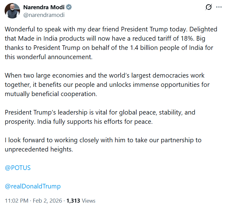 thebyline_in's tweet photo. PM Narendra Modi says he had a “wonderful” call with President Trump, welcoming the reduction of tariffs on Made in India products to 18% and calling the move a boost for India-US partnership, global peace, and economic cooperation. 🇮🇳🇺🇸
#IndiaUS #NarendraModi #USTarrif https://t.co/qgP4ZTArTr