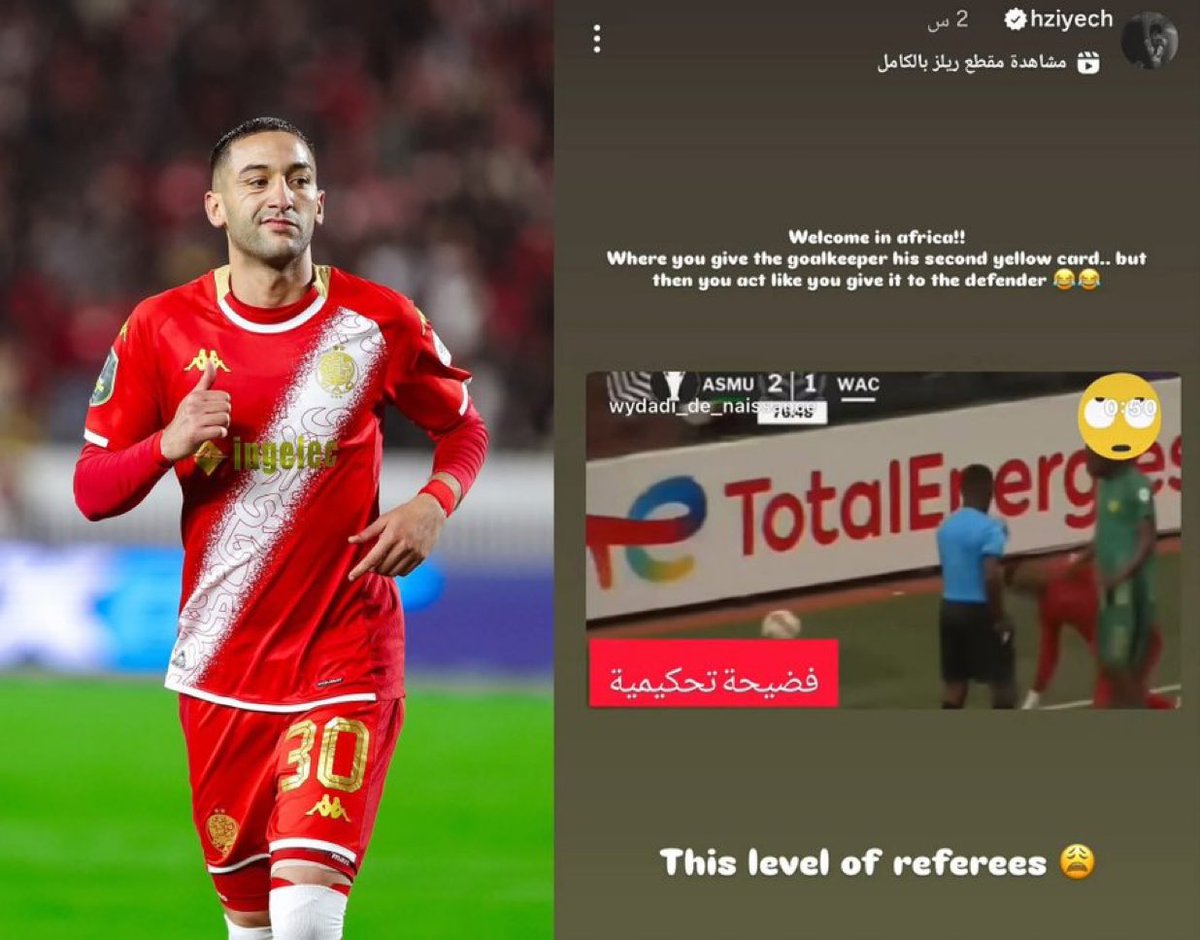 Hakim Ziyech sur insta après les deux jaunes donnés au gardien adverse mais pas de rouge… 

« Bienvenue en Afrique… Quand vous donnez un deuxième carton jaune au gardien de but et que vous faites ensuite comme si vous l’aviez donné au défenseur. »