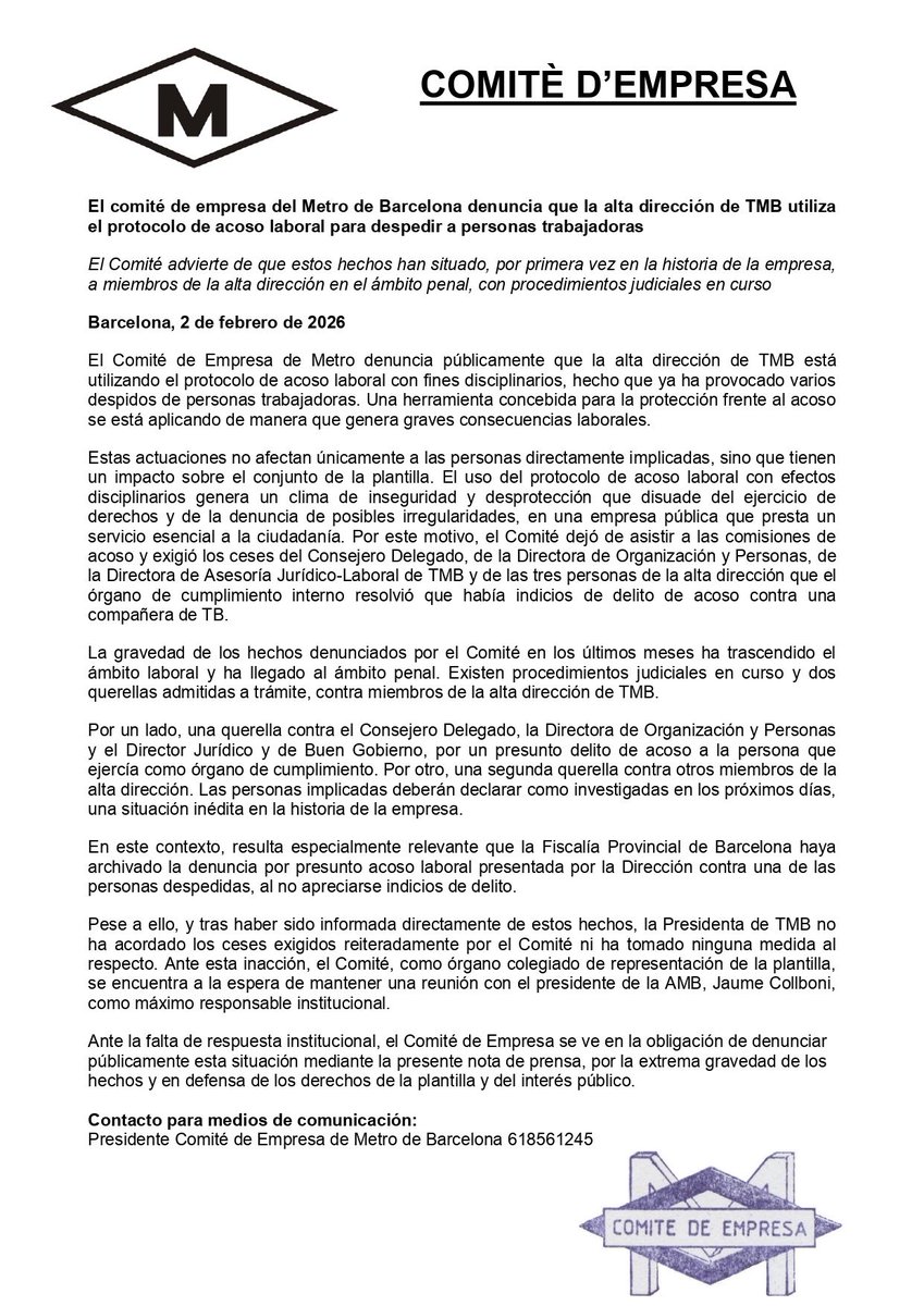 Nota de prensa del Comité de empresa de #metrobcn

Por primera vez en la historia, miembros de la alta dirección de #TMB, investigados en un proceso penal, tras el uso del protocolo de acoso laboral.

<a href="/laiabonetrull/">Laia Bonet</a> no puede mirar hacia otro lado y debe exigir responsabilidades.