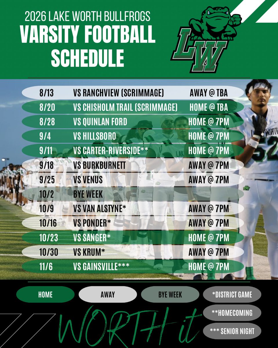 🏈 2026 Varsity Football Schedule is LIVE! 🏈

Our Varsity Football schedule has officially been released. 

Mark your calendars and get ready for Friday Night Lights! 🐸

#bullfrogarmy #fridaynightlights