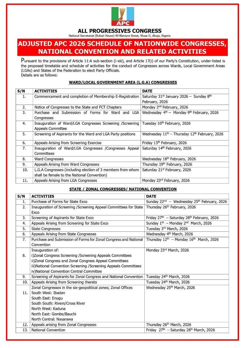 APC Sets Nomination Fees for 2026 Congresses and National Convention Positions

The All Progressives Congress (APC) has released the official fees for Expression of Interest and Nomination Forms for aspirants contesting party positions at ward, local government, state, zonal, and
