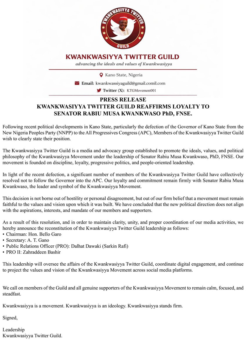 Alhamdulillah 

We remain loyal and committed to Jagora <a href="/KwankwasoRM/">Rabiu Musa Kwankwaso</a> and Kwankwasiyya Movement. 

Congratulations <a href="/bellosgaro/">Bello Sule Garo 🛑</a>  <a href="/atgano84/">Yaron Kwankwaso 🔴⚪️</a> <a href="/saarkinrafi/">Sarkin Rafi 🔴 🇳🇬</a> <a href="/zahradeeen/">Zahraddeeen Bashir!</a>