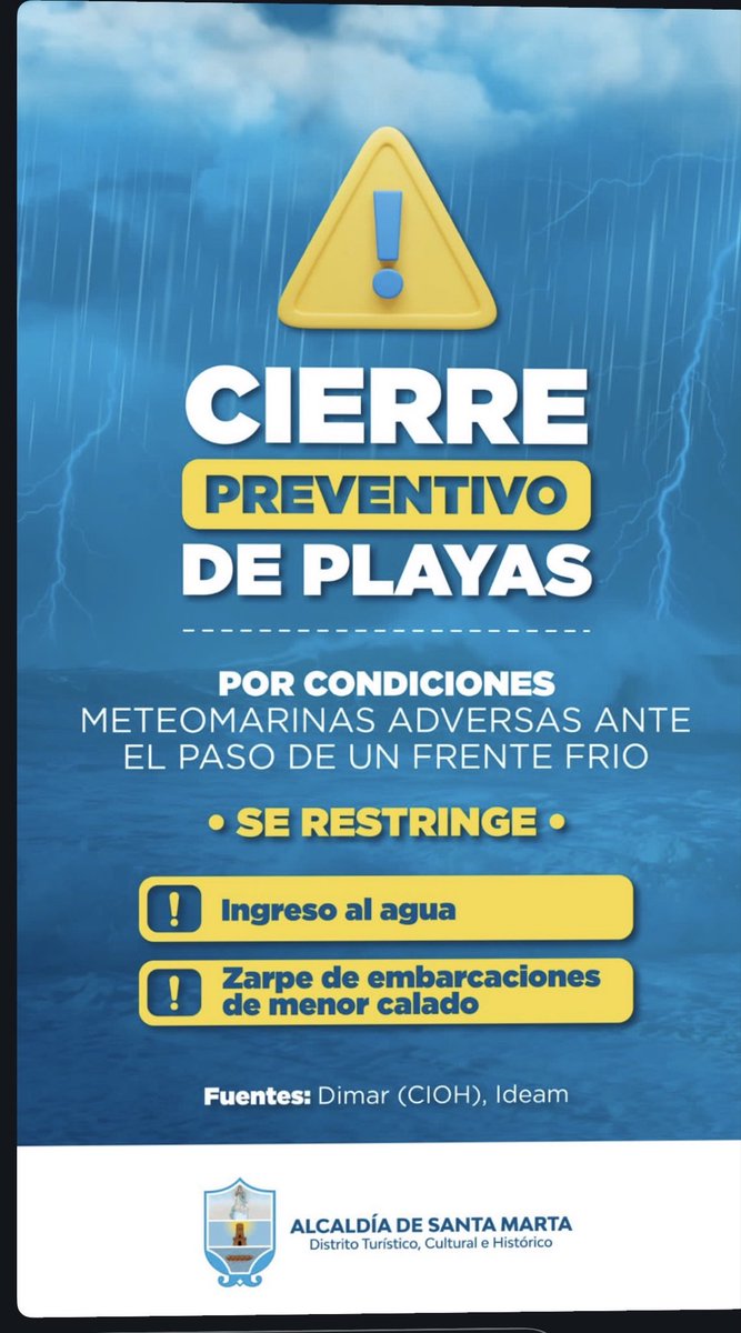 Las playas en Santa Marta están completamente cerradas para baño. Por favor, un mensaje a las personas que desafían los fenómenos naturales, que le metan seriedad al cuento, que no estamos ante un chiste o algo parecido. Con policía estamos controlando en el frente de playa y