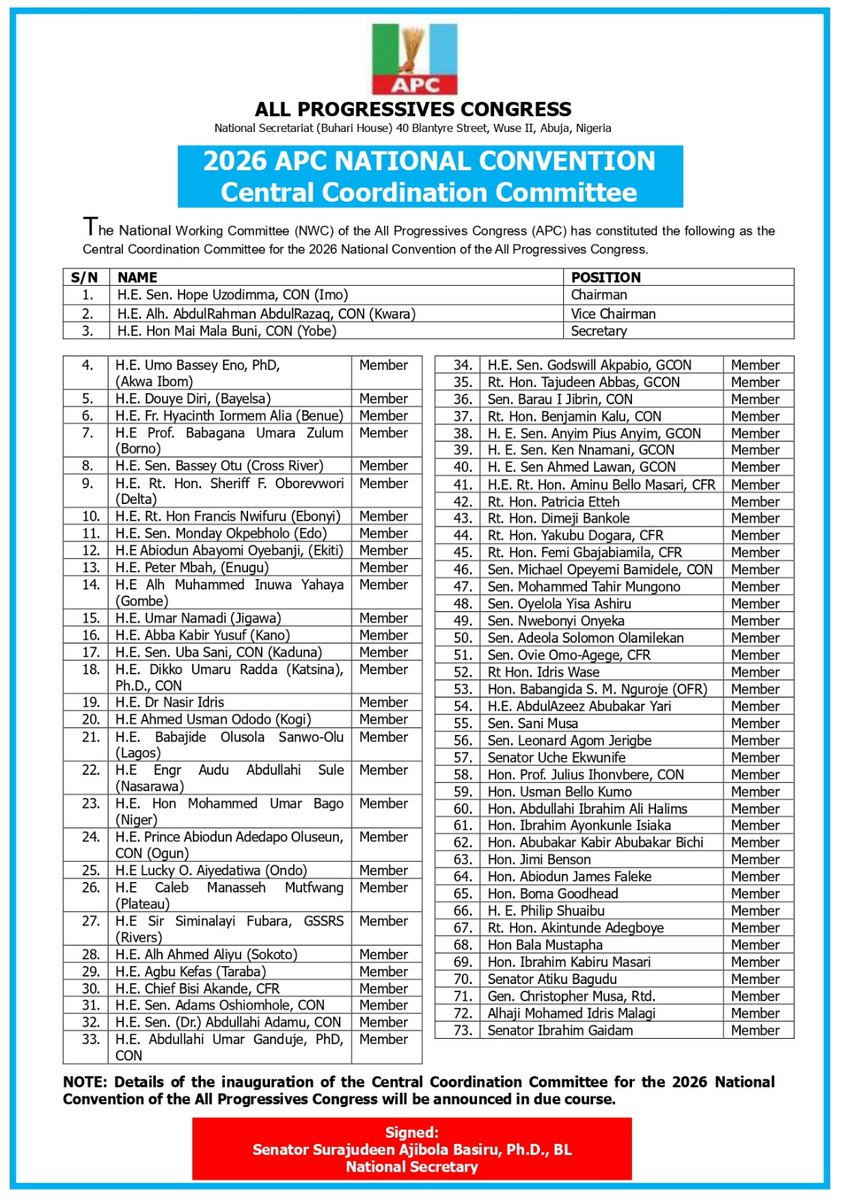 TheRealBage's tweet photo. Congratulations Your Excellency, Rt. Hon. Yakubu Dogara, on your well deserved nomination as a member of the APC 2026 National Convention Central Coordination Committee. 

#TinubuDogara #TG2027
#UnityTicket #RunningMate https://t.co/pOj295p3KE