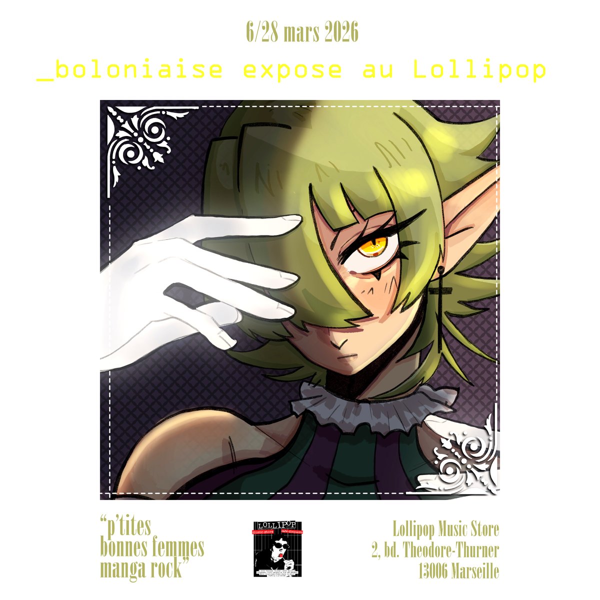 Expo.
6 - 28 mars.
Manga rock.
Par l'illustratrice n°1  de MELMAC.
A Marseille, Lollipop Music Store.
#mangaart