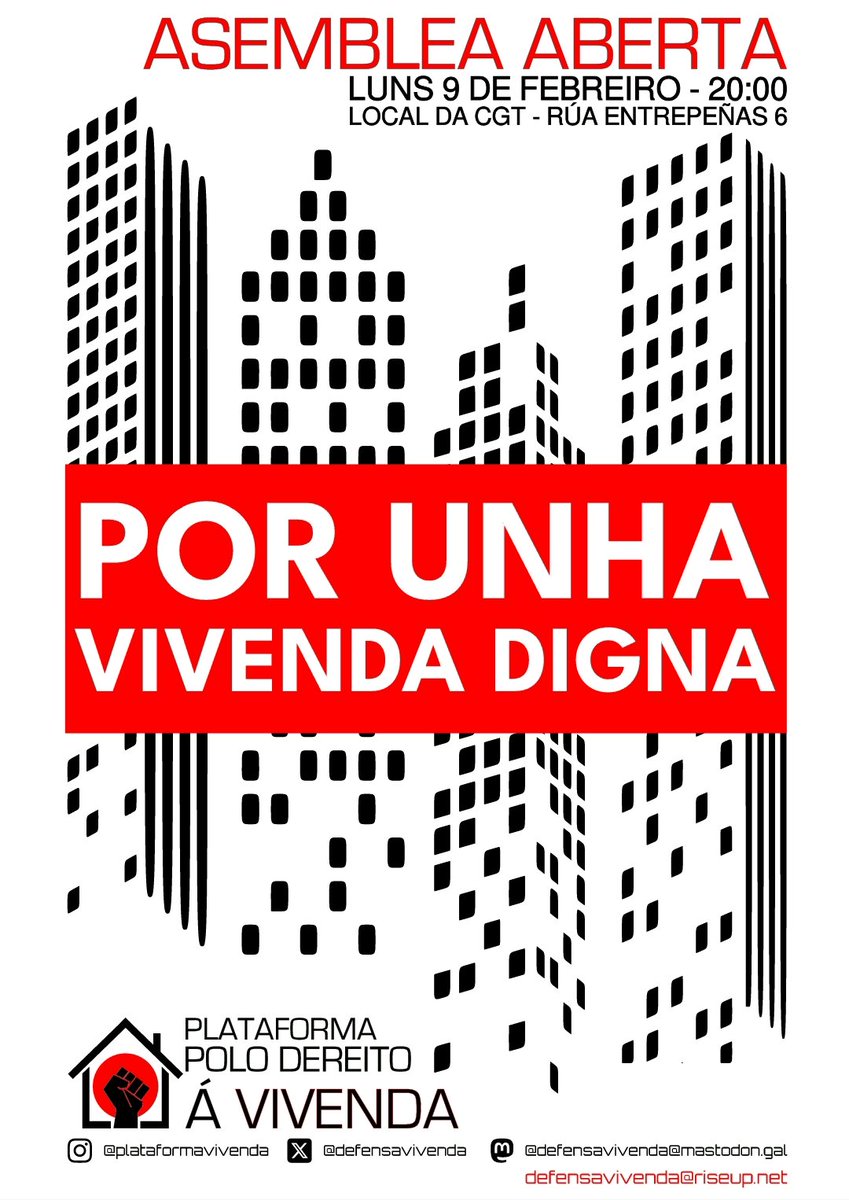 Hai que organizarse para facerlle fronte á emerxencia habitacional que golpea á clase traballadora.

Participa na asemblea aberta da Plataforma polo Dereito á Vivenda o luns 9 de febreiro ás 20:00 h, no noso local sindical (Entrepeñas, 6).

Acabemos coa especulación!