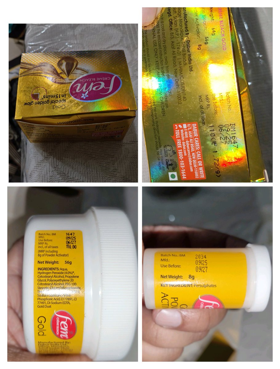 sanaimam's tweet photo. @DaburIndia can you please tell me if your fem bleach is available in the market without any seal on the box?
Secondly, can the activator and the cream in the same box have different batch number and expiration dates? #query https://t.co/n2aHyDhYAO