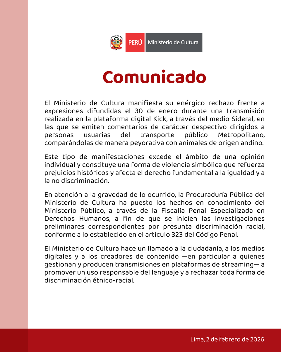 #COMUNICADO | El Ministerio de Cultura manifiesta su enérgico rechazo frente a expresiones difundidas durante una transmisión realizada en la plataforma Kick.