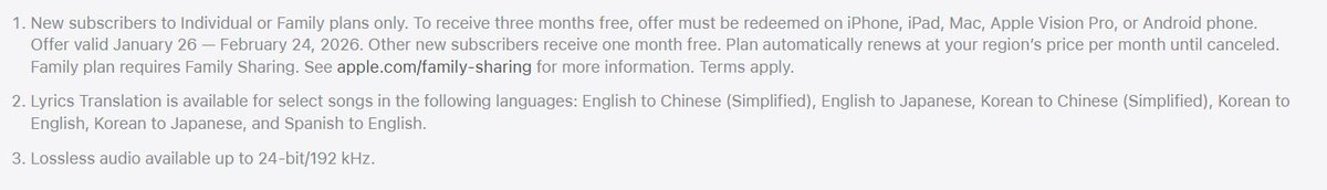 boracitybrc's tweet image. Apple Music is offering a 3 months free trial, please activate it for BTS’ comeback!

Rules to get it:
-Redeem the offer until 24 February 2026
-Only new subscribers to Individual or Family plans are eligible. If you already have a subscription, you won’t qualify.
-Three months…
