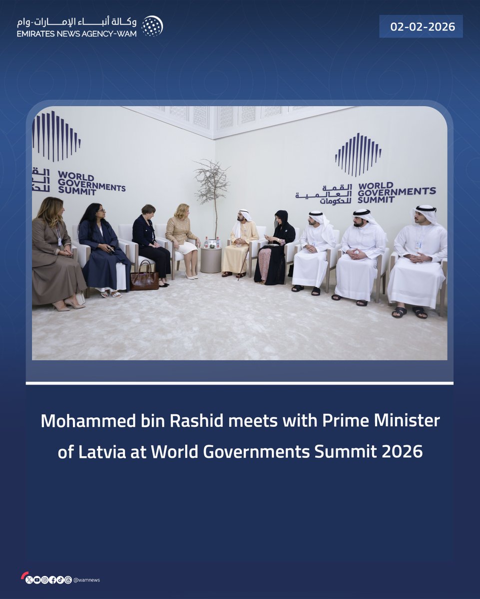 Mohammed bin Rashid meets with Prime Minister of Latvia at World Governments Summit 2026

#WamNews 

wam.ae/a/byje0j6