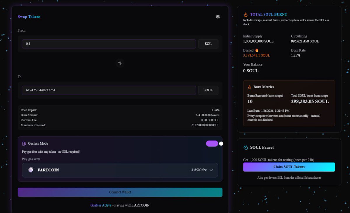 force6247's tweet image. What is @SOLessSystem about?👇

How it works:
- Chat with Soulie (AI guide) → earn points + fun vibes
- Post #SOLess tweets &amp;amp; engage → climb leaderboard
- Test gasless swaps on devnet (0.25% fee, 50% burned 🔥 deflationary magic!)

Prizes:

Daily: Top = $10 USDC + whitelist