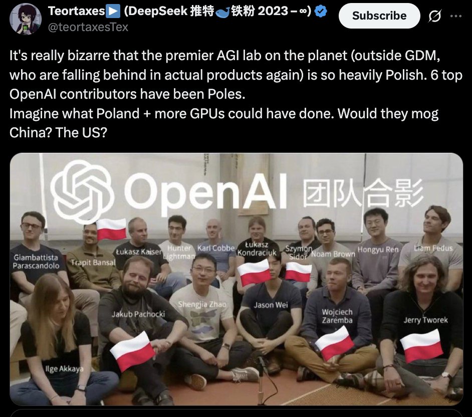 World-class talent, third-class politics.

Poland produces elite tech talent and world-class programmers and researchers (Pachocki, Kaiser, Tworek, Zaremba, Madry, Sidor and many more), yet it's held back by a political class with zero long-term vision.
x.com/teortaxesTex/s…