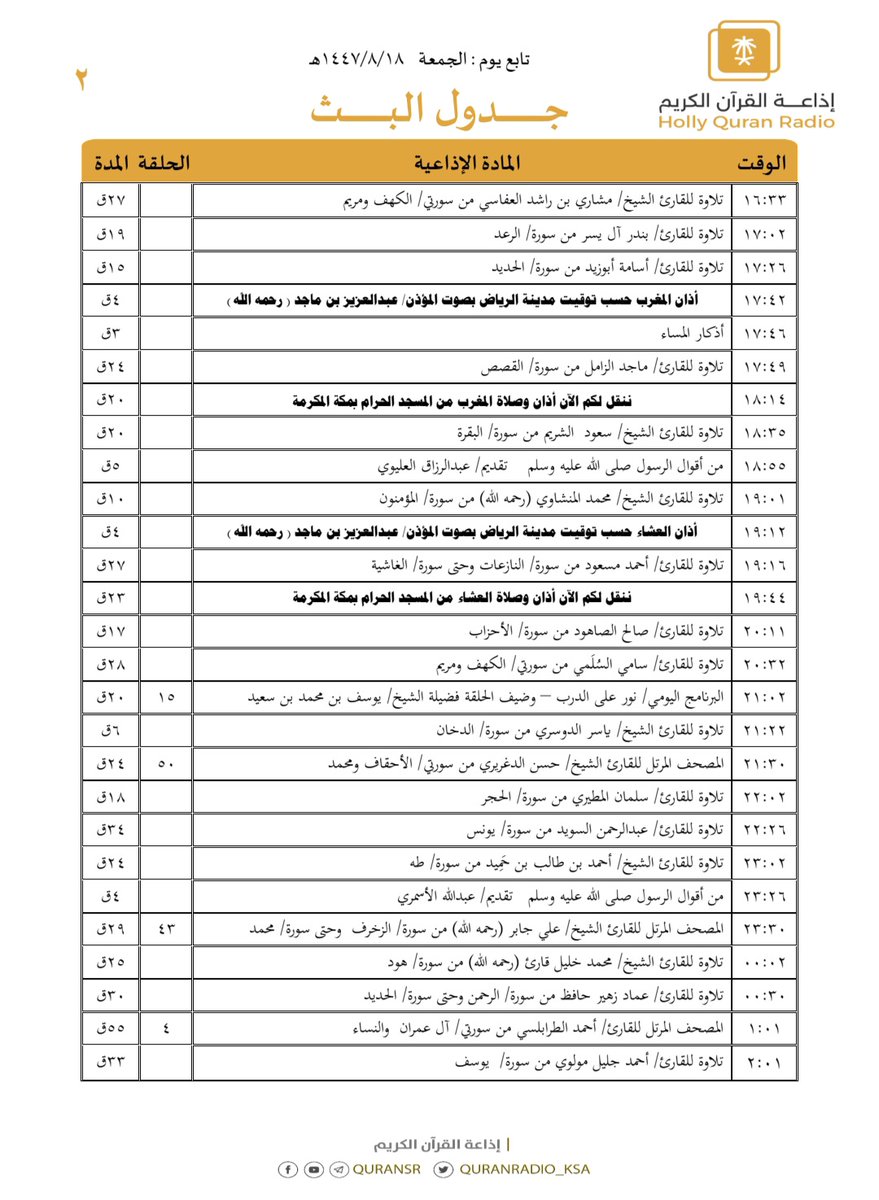 QuranRadio_ksa's tweet photo. جدول تلاوات وبرامج
#إذاعة_القرآن_الكريم
ليوم #الجمعة 1447/8/18

رابط البث المباشر 👇🏻
https://t.co/Uc2JC5TYgh https://t.co/4Yhr9QAUfI