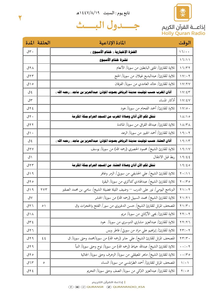 QuranRadio_ksa's tweet photo. جدول تلاوات وبرامج
#إذاعة_القرآن_الكريم
ليوم #السبت 1447/8/19

رابط البث المباشر 👇🏻
https://t.co/Uc2JC5TYgh https://t.co/bJArIGjHSE
