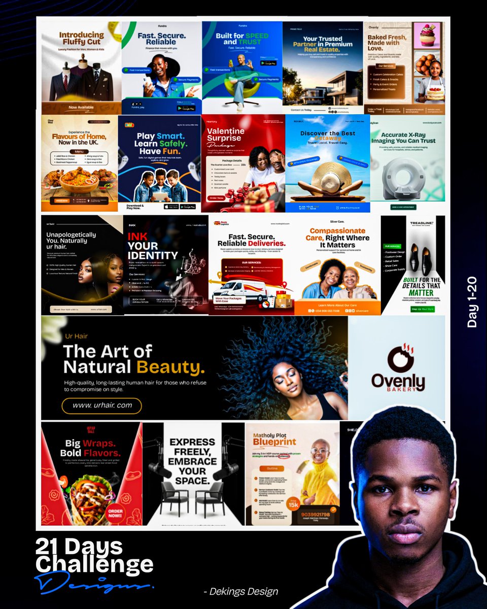 dekings_design's tweet photo. Day 21/21
This flyer contains all the design for the past 20 days. This does not only show my work but shows my commitment, my consistency, my creative, my always showing up, my not giving up, my improvement.
#UntitledPixels
#21DaysDesignChallenge
#21DaysCreativeSprint
#Day17 https://t.co/8jcbFihEPF