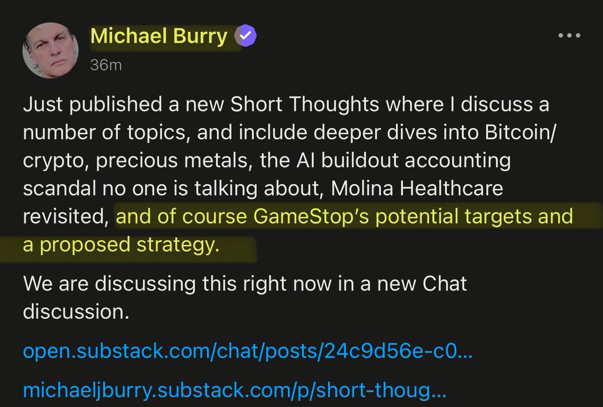 $GME Michael Burry names 3 stocks for a potential acquisition by GameStop:

1) $W (Wayfair)
2) $ADT (ADT Security)
3) and/or $AGO (Assured Guaranty)