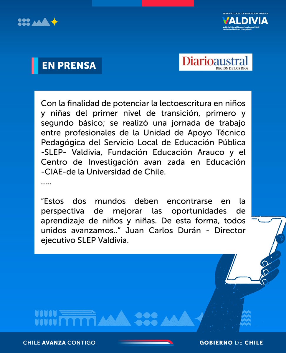[EN PRENSA] 📰Para Diario Austral de Los Ríos: "Estos dos mundos deben encontrarse en la perspectiva de mejorar las oportunidades de aprendizaje de niños y niñas. De esta forma, todos unidos avanzamos.." Juan Carlos Durán - Director Eiecutivo SLEP Valdivia.