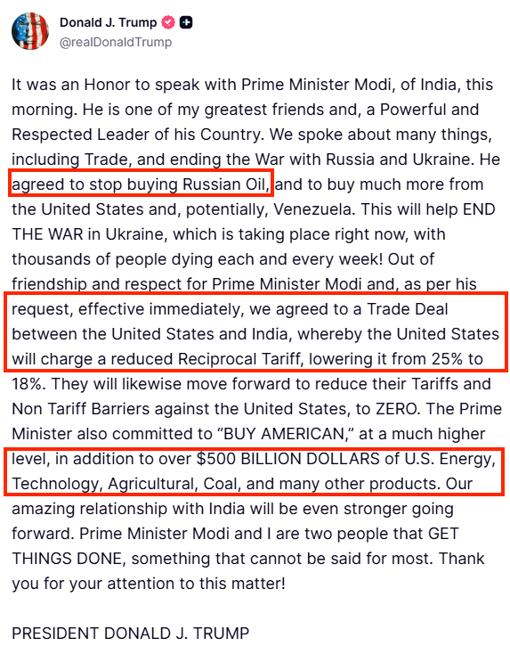 Cryptocrunch__'s tweet image. 🔥 BREAKING: India-US Trade Deal Alert! 

🇮🇳🇺🇸India slashes tariffs on US goods to 0% &amp;amp; ditches Russian oil imports!US drops tariffs from 25% → 18% in return!Win-win for bilateral trade? 💥 #IndiaUSDeal #TradeWarsOver #EconomyBoost