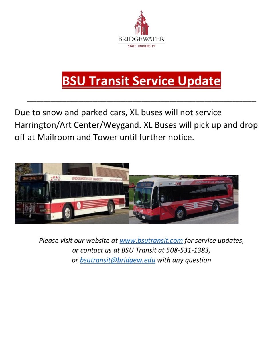 BSUTransit's tweet photo. Service Update 2/2/26

#bus #bridgewaterstateuniversity #collegecampus #transit #bsutranit https://t.co/mED2bElo7R
