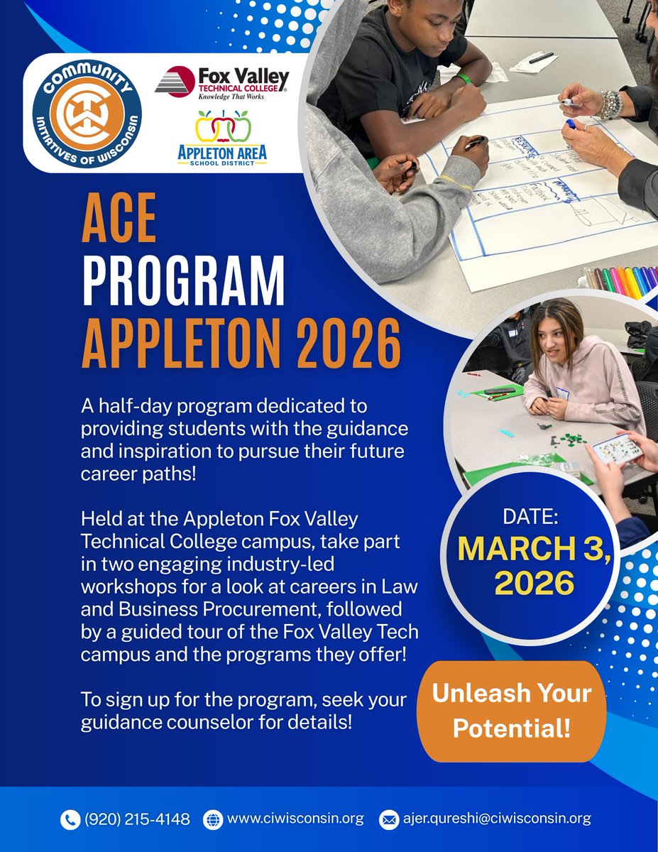 pointtersci's tweet photo. Appleton Area School District students...check out our upcoming ACE Program this coming March! This half-day program, from 12:30 pm til 3:00 pm, will allow students to explore different career options and gain inspiration for their future career goals! Participate in two engaging workshops of two different career fields led by professional partners, followed by a guided tour of the Fox Valley Technical College and the programs they offer!

To sign up, reach out to your guidance counselor to have them contact us at CIW Wisconsin! Visit our website at https://t.co/C755p7u1b1 for more details!