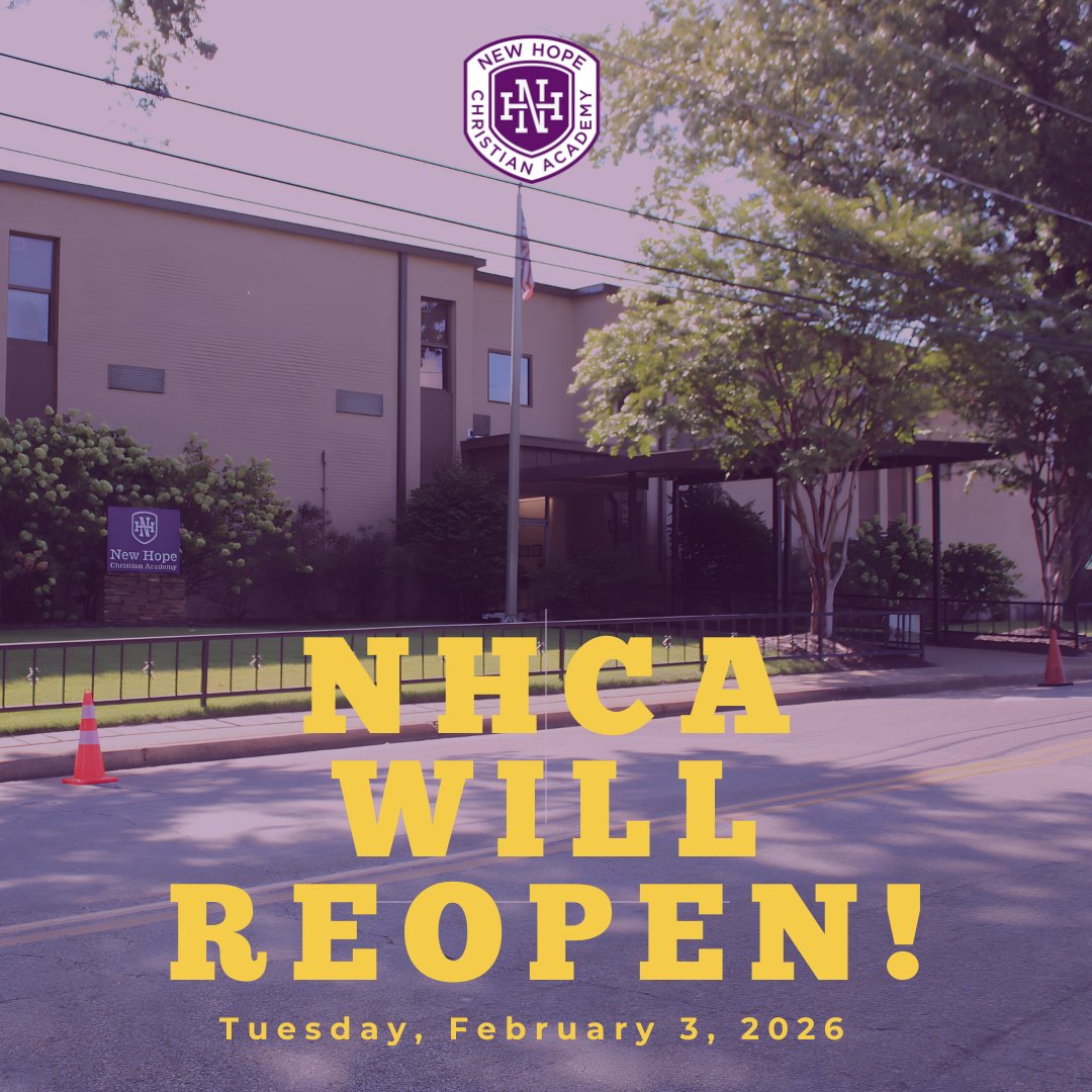 𝐂𝐚𝐦𝐩𝐮𝐬 𝐔𝐩𝐝𝐚𝐭𝐞: NHCA will reopen tomorrow, Tuesday, Feb, 3, 2026 with a delayed start to allow for safe travel.
𝐒𝐜𝐡𝐨𝐨𝐥 𝐛𝐞𝐠𝐢𝐧𝐬 𝐚𝐭 𝟗:𝟎𝟎 𝐚.𝐦., 𝐰𝐢𝐭𝐡 𝐜𝐚𝐫𝐥𝐢𝐧𝐞 𝐛𝐞𝐠𝐢𝐧𝐧𝐢𝐧𝐠 𝐚𝐭 𝟖:𝟑𝟎 𝐚.𝐦., 𝐧𝐨 𝐞𝐯𝐞𝐧𝐢𝐧𝐠 𝐚𝐜𝐭𝐢𝐯𝐢𝐭𝐢𝐞𝐬.