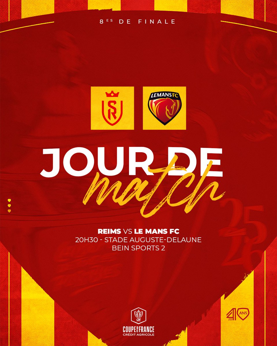 𝐉𝐎𝐔𝐑 𝐃𝐄 𝐌𝐀𝐓𝐂𝐇 !

🏆 <a href="/coupedefranceCA/">Coupe de France Crédit Agricole</a> (8es de finale)
🆚 <a href="/StadeDeReims/">Stade de Reims</a> (<a href="/Ligue2BKT/">Ligue 2 BKT</a>)
⌚ 20h30
🏟️ Stade Auguste-Delaune, Reims
📺 beIN SPORTS 2
#️⃣ #SDR𝐋𝐌𝐅𝐂

#CDFCA #AllezLEMANSFC 🔴🟡