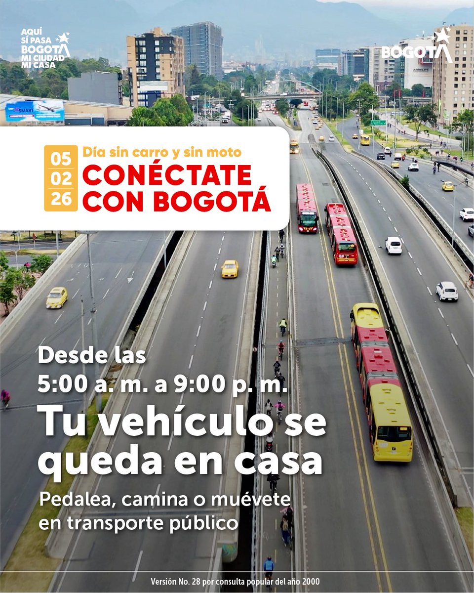 ConsejeriaTIC's tweet photo. #Bogotá vivirá una nueva jornada de #DíaSinCarroYSinMoto ❌🚙🏍️

¡Este 5 de febrero conéctate con Bogotá!  

Haz de este un día como cualquier otro, tu vehículo se queda en casa, pero puedes optar por alternativas como la bici, el transporte público o caminar. https://t.co/jd4S3yBYj0