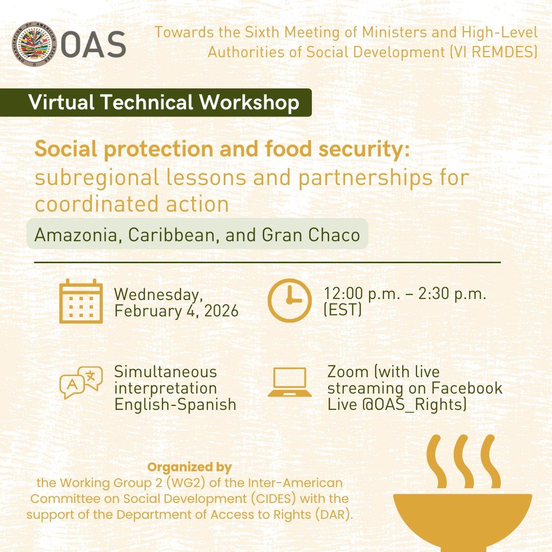 📢 Join us for the Virtual Technical Workshop “Social protection and food security: subregional lessons and partnerships for coordinated action”

📅Wednesday, February 4 
⏰12:00 pm (EST)
🔗Connection link: bit.ly/49Q30bk

More info here: bit.ly/49P3iyV