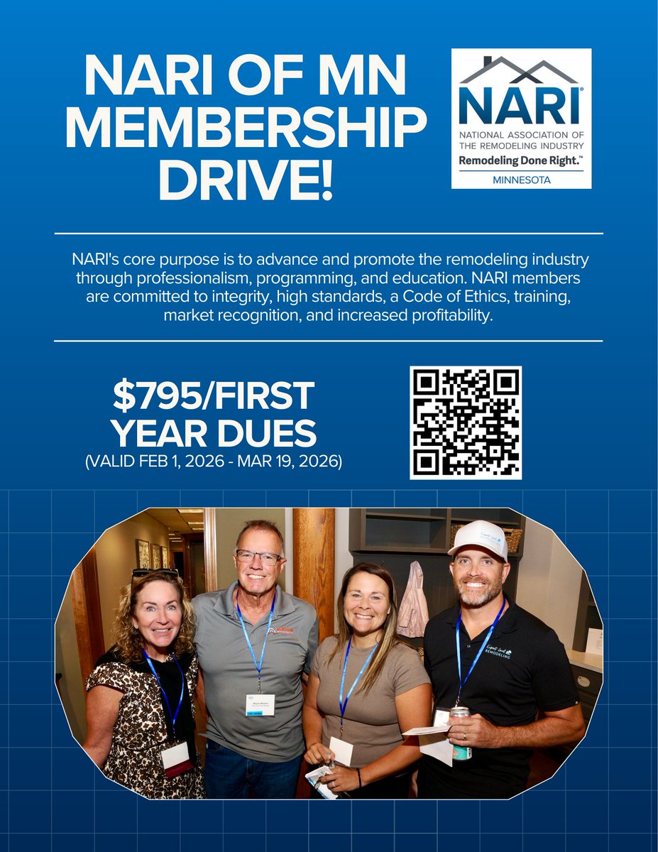 NARI_Minnesota's tweet photo. It's our Membership Discount month!  From today until March 19th, we're offering a discount on your first year of membership dues!
Interested in joining the chapter or know someone who should join?  Use the QR code or view the link below and apply - https://t.co/38AeVnnshG https://t.co/lx3N1VoR0G