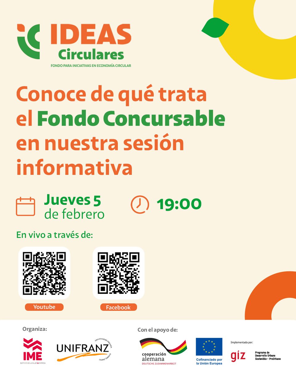 📢 Si tienes un proyecto con economía circular, el Fondo IDEAS CIRCULARES te ayudará a potenciarlo✨

👉 Conéctate desde los QR o en cualquiera de los links:
Youtube: youtube.com/watch?v=JNF2Mb…
Facebook: facebook.com/events/7117044…