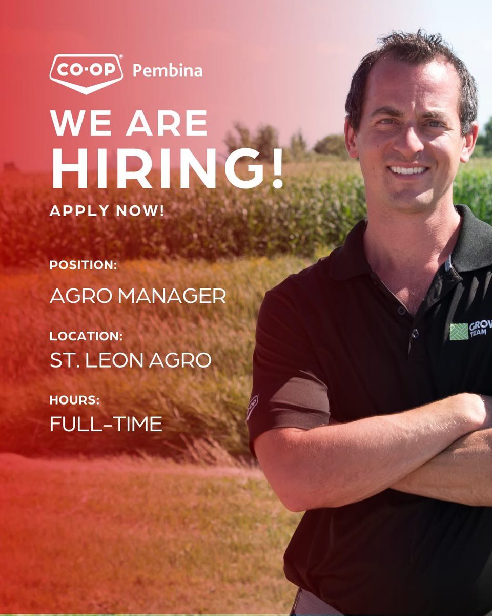 We’re hiring an Agro Manager in St. Leon, MB. 🌾
Lead operations at our South Agro location, support growers, and be part of a co-op that invests back into its communities.
Apply here: pembinaco-op.crs/sites/pembina/…