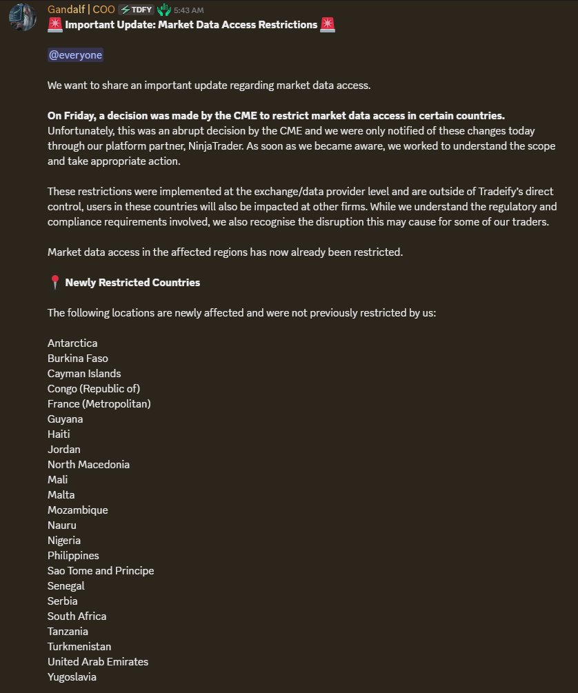 🚨 BREAKING: CME just restricted prop trading in multiple countries
But the list was apparently too wide, so everyone is waiting for the new one😟
Will Dubai and France be banned from trading prop?