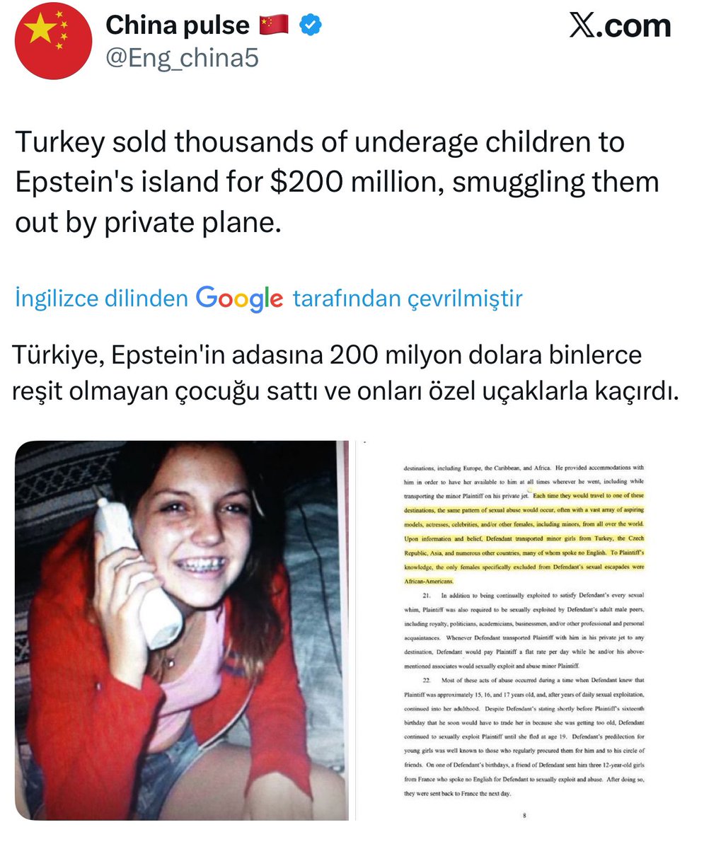 Arkadaşlar Dikkat!

Epstein belgelerinde Türkiye Cumhuriyeti, Türk kurumları veya vatandaşlarını bu yönde ilişkilendiren tek bir kayıt, belge ya da delil bulunmadığı defalarca açıklandı!

Aksine, dosya kapsamındaki yazışmalar, Epstein ağına mensup bazı sapkın yapıların Türkiye’yi