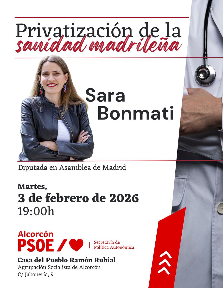 🔴Mañana hablaremos de sanidad y de cómo la Comunidad de Madrid y <a href="/IdiazAyuso/">Isabel Díaz Ayuso</a> la está convirtiendo en un negocio para unos pocos.
Estáis tod@s invitad@s a escuchar a la diputada del <a href="/psoe_m/">PSOE Madrid</a> <a href="/SBonmati/">Sara Bonmati / ❤️🌹</a> en la Casa del Pueblo Ramon Rubial de #Alcorcón.