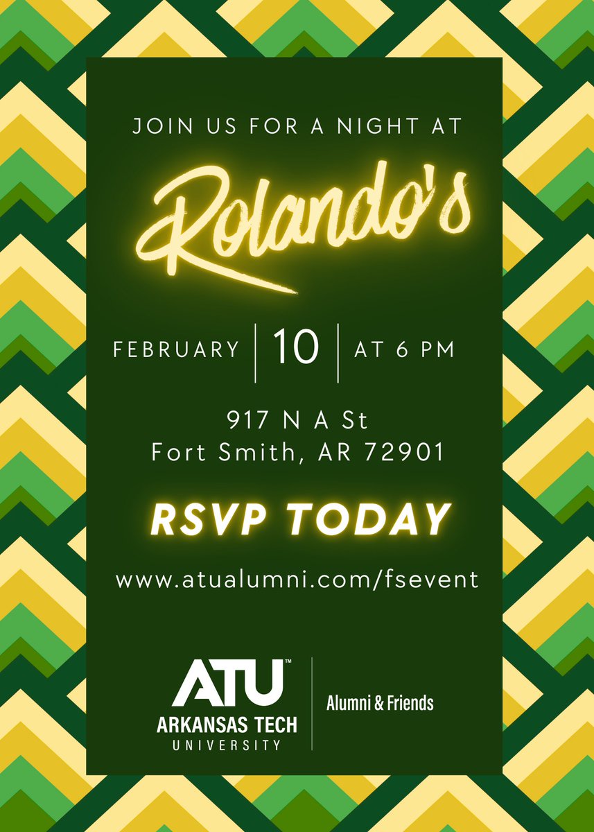 Arkansas Tech Alumni, join us and your fellow alum as we gather at Rolando's in Fort Smith! Go to atualumni.com/fsevent to RSVP, and come hang out as we talk about all things Arkansas Tech!