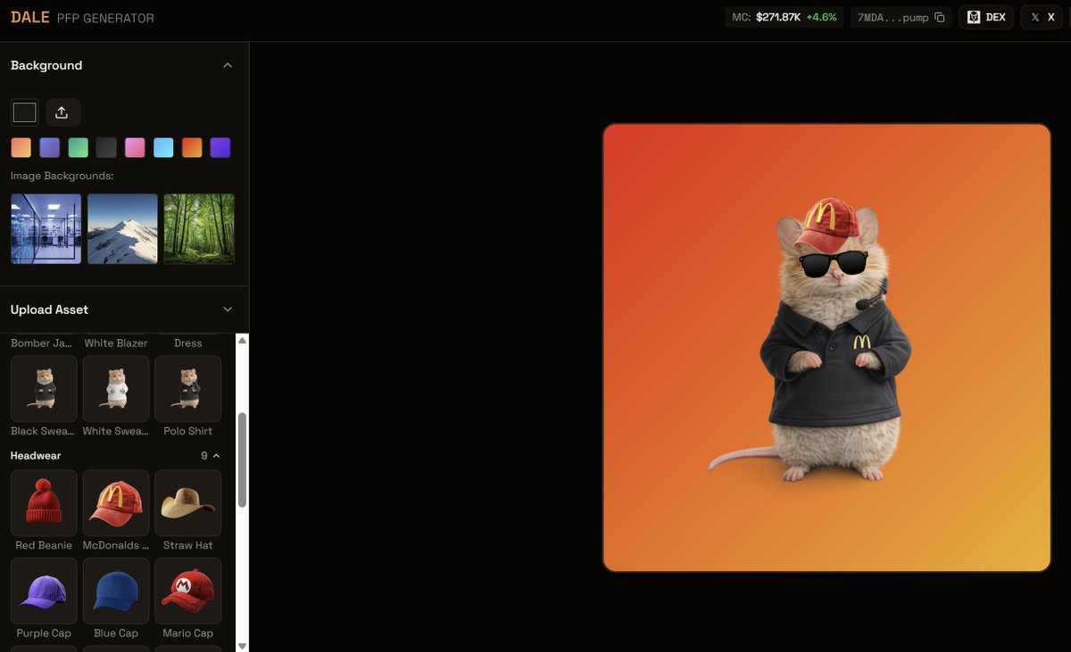 Website is LIVE 👉 dalepfp.fun

Create your own $Dale PFP! 🐭 

We’re continuously adding more accessories, you can also upload your own assets for full customization.