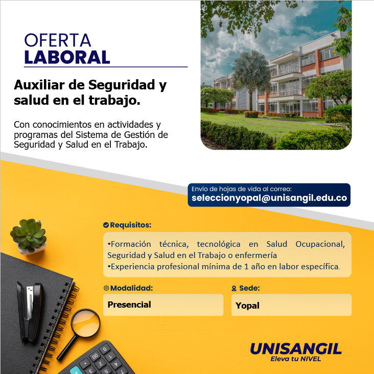 HumanoYopal's tweet photo. 🔎 ¡UNISANGIL te invita a ser parte de su equipo!
📌 Vacante: Auxiliar de Seguridad y Salud en el Trabajo 👷‍♀️👷‍♂️ Buscamos talento con conocimientos en actividades y programas del Sistema de Gestión de Seguridad y Salud en el Trabajo (SG-SST), comprometido con la prevención laboral. https://t.co/kiDq3yPlFG