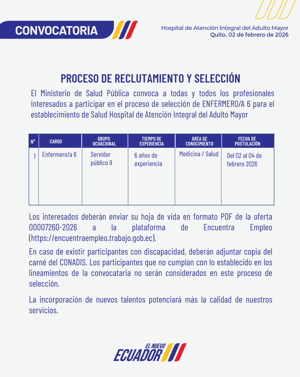 HospAdultoMayor's tweet photo. 📷 El Hospital de Atención Integral del Adulto Mayor te invita a participar de la #Convocatoria para ENFERMERO/A 6.

Se parte de nuestra institución, aplica en:
https://t.co/tQ9DvHi0Sg https://t.co/rDmpU27EI1