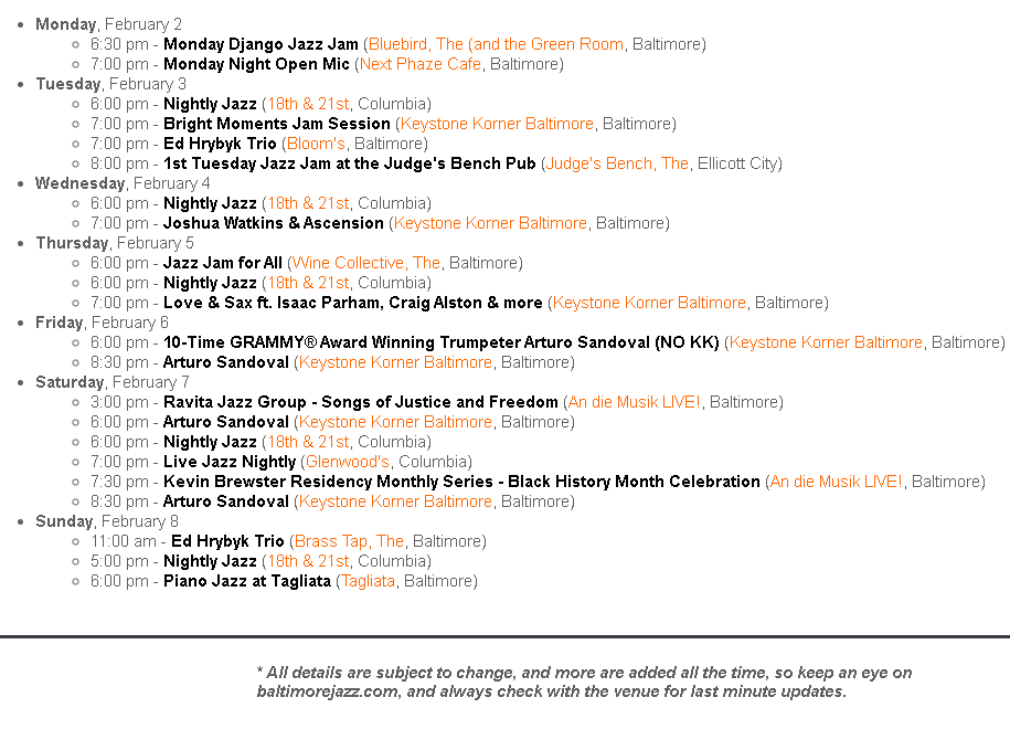 BaltimoreJazz1's tweet photo. Where's the Jazz? Here's what's happening in the Baltimore jazz scene this week - if we're missing something, let us know! Find complete details (or better still, add your own events!) at https://t.co/iQ9ikOvwOC #baltimorejazz #wheresthejazz
Member-supported, volunteer-run, BJA https://t.co/oUY4Qtl1w5