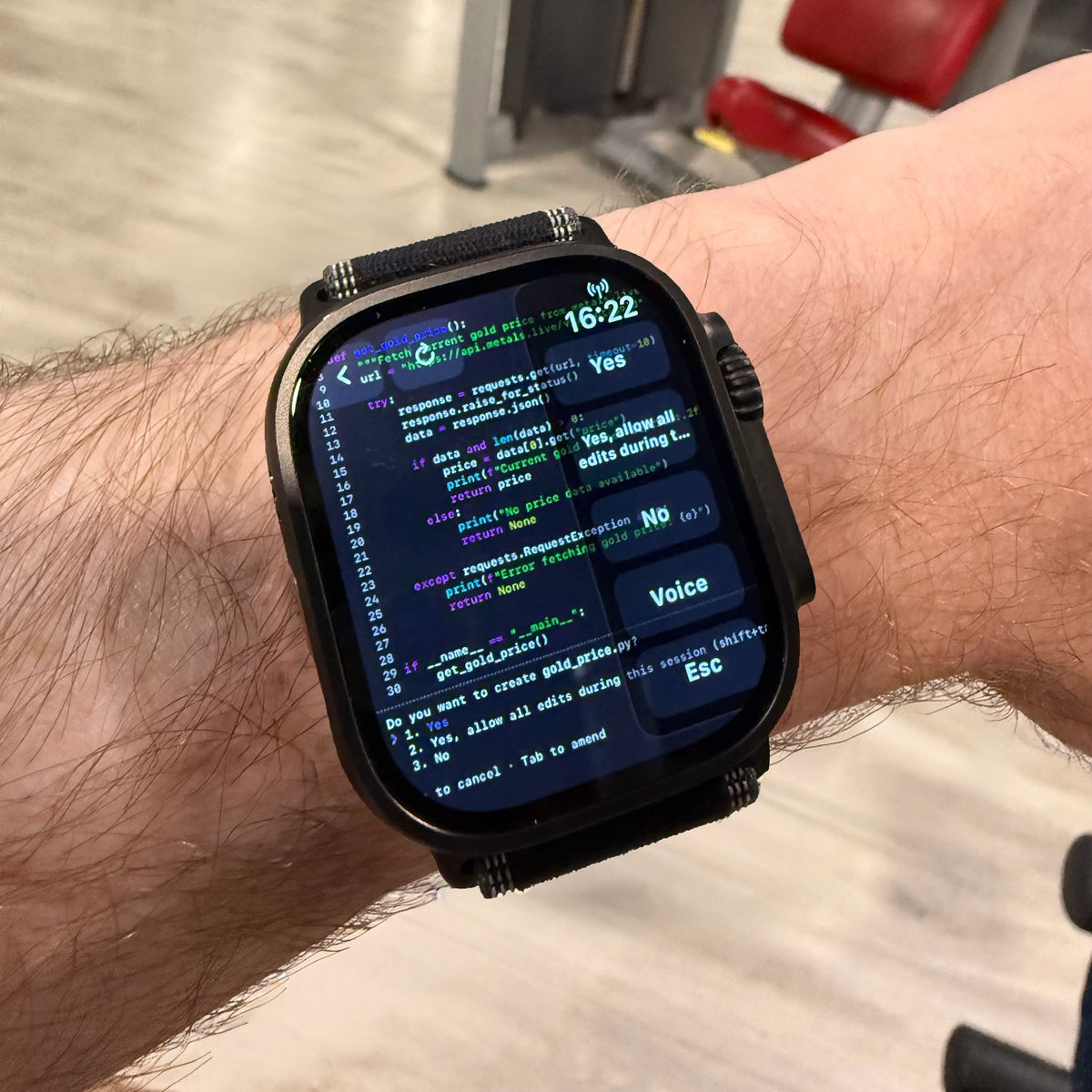 dvdtoth's tweet photo. Got bored of vibe coding from my laptop so I built a terminal for my Apple Watch. Now I steer Claude Code / Codex / OpenCode agents from the gym.
Hooks ping me when input is needed. Clever prompt parsing and big fast buttons for tiny screens. Voice control when I'm mid-rep. Multiple sessions, over a secure relay and the human stays in the loop (for now).
Either the future of dev productivity or a cry for help.