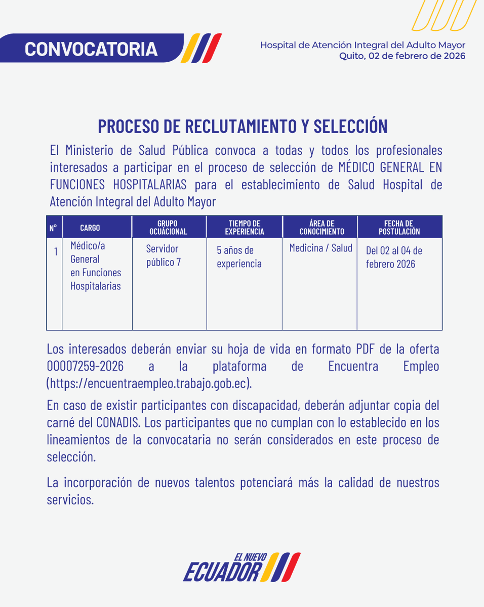 HospAdultoMayor's tweet photo. 📷 El Hospital de Atención Integral del Adulto Mayor te invita a participar de la #Convocatoria para MÉDICO/A GENERAL EN FUNCIONES HOSPITALARIAS.

Se parte de nuestra institución, aplica en:
https://t.co/tQ9DvHi0Sg https://t.co/ia6xanIBU0