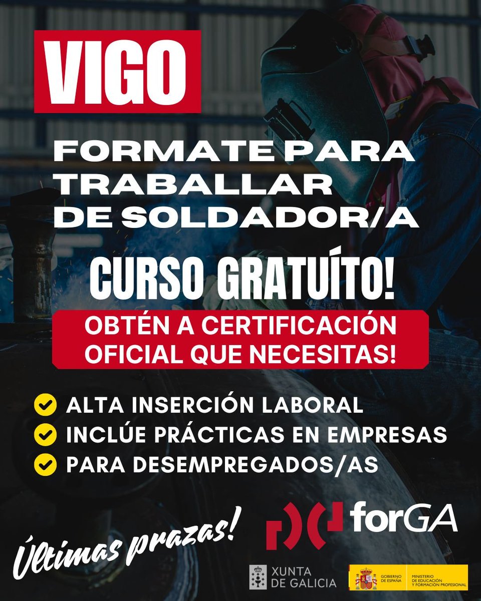 forGA_Galiza's tweet photo. 📢 As empresas de Vigo necesitan soldadores/as MIG/MAG!
 
👍 Obtén a certificación oficial que necesitas con este curso gratuíto!

👀 Están dispoñibles as últimas prazas e podes solicitala túa aquí en menos dun minuto:https://t.co/M4BF4Xck3x https://t.co/IIur87JyXY