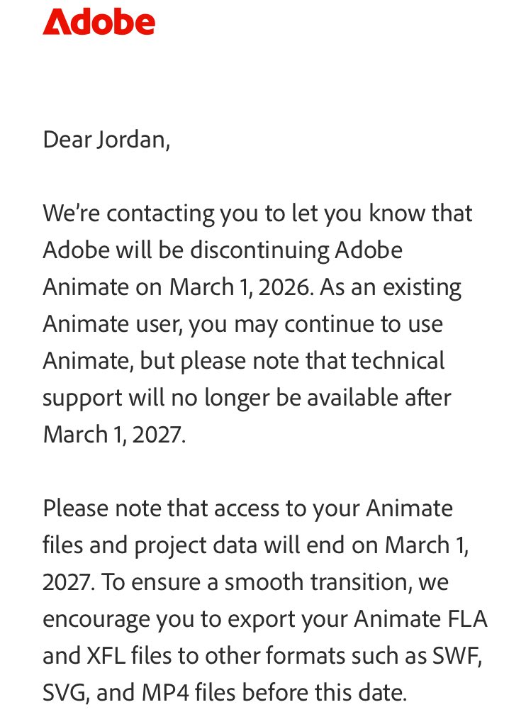 SuperSparkplugs's tweet photo. Well this pisses me off greatly, @Adobe.
One of the most historic animation technologies died once with Flash and now dies a second death after years of neglect under another name as Animate. It’s a damn shame. I made my animations and comics with it.
#RIPFlash #RIPAnimate https://t.co/L6DRU8H3nx