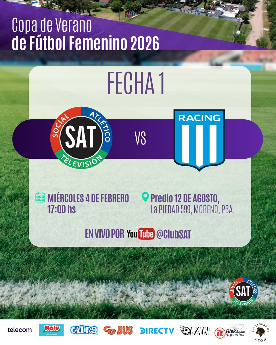 #FútbolFemenino | ¡ARRANCA LA COPA VERANO 2026! 🙌

🔜 <a href="/RacingClub/">Racing Club</a>
🏆 Copa de Verano 2026 | Fecha 1
⌚ Miércoles 4/02 | 17 h
🏟 Estadio 12 de Agosto
📺 YouTube: Club SAT 

#VamosLaTele 🇬🇲
#SintonizandoNuestraPasión