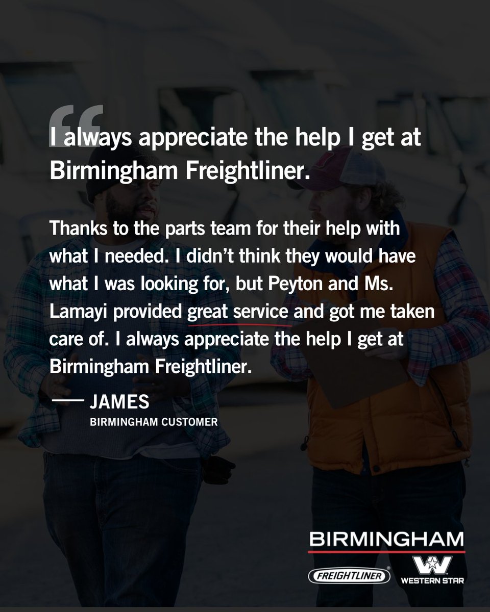 Bham_Freight's tweet photo. ⭐⭐⭐⭐⭐ Birmingham

Our Parts team works hard to make sure customers get what they need, even when it’s unexpected. Shoutout to Peyton and Ms. Lamayi for providing excellent service! https://t.co/8sfeDcl2Lm