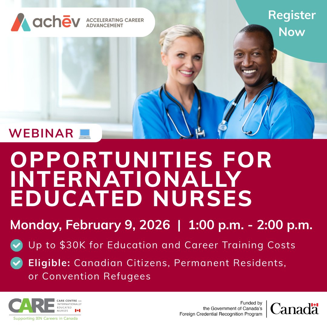 achev_ca's tweet image. Are you an Internationally Educated Nurse (IEN) looking to launch your career in Ontario? Attend our webinar on February 9 at 1 p.m. for an overview of CARE Centre services for internationally educated nurses. Register now: bit.ly/4q3CW2s 

#Careers #Canada #course